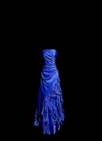 Robe de bal vintage sans bretelles en satin bleu roi, longue robe de bal perlée, robe de soirée, robe de remise de diplôme DP2081