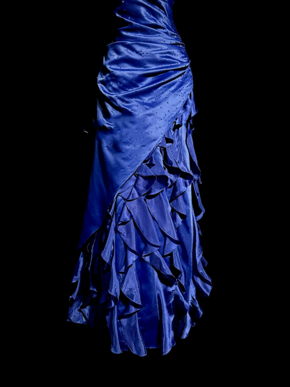 Robe de bal vintage sans bretelles en satin bleu roi, longue robe de bal perlée, robe de soirée, robe de remise de diplôme DP2081