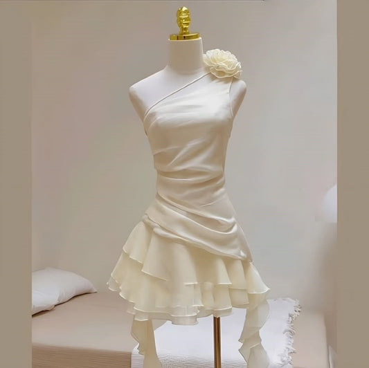 Cute A line One Shoulder White Chiffon Summer Homecoming Dress Hoco Dress Mini 16th Birthday Outfit Cocktail Dresses DP2090