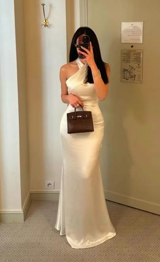 Hübsche Meerjungfrau Neckholder Weiß Satin Partykleider Formale Sommer Hochzeitsgastkleider Hochzeitsgast-Outfits DP2117