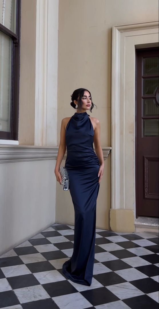Pretty Mermaid High Neck Navy Blue Evening Party Dresses Formal Summer Wedding Guest Dresses Wedding Guest Outfits DP2138