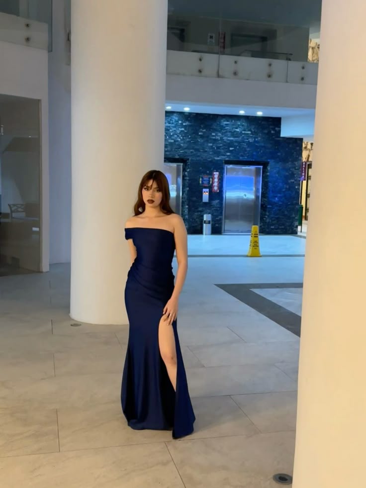 Pretty Mermaid Off The Shoulder Navy Blue Slit Evening Party Dresses Formal Summer Wedding Guest Dresses Wedding Guest Outfits DP2140