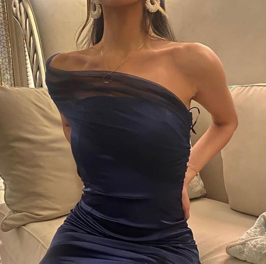 Elegantes Etuikleid mit einer Schulter, marineblau, Schlitz, Satin, Ballkleid, formelles Sommerkleid für Hochzeitsgäste, Outfits für Hochzeitsgäste, DP2143