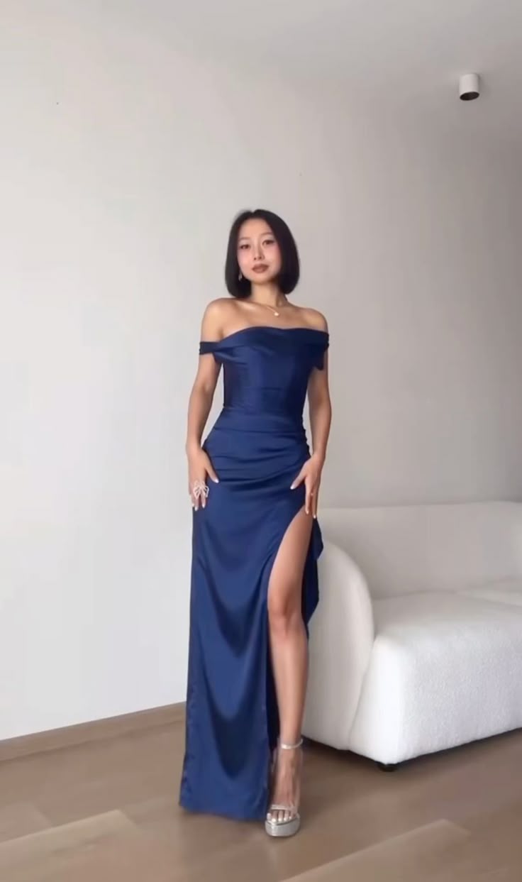 Pretty Mermaid Off The Shoulder Navy Blue Split Evening Party Dresses Formal Summer Wedding Guest Dresses Wedding Guest Outfits DP2144