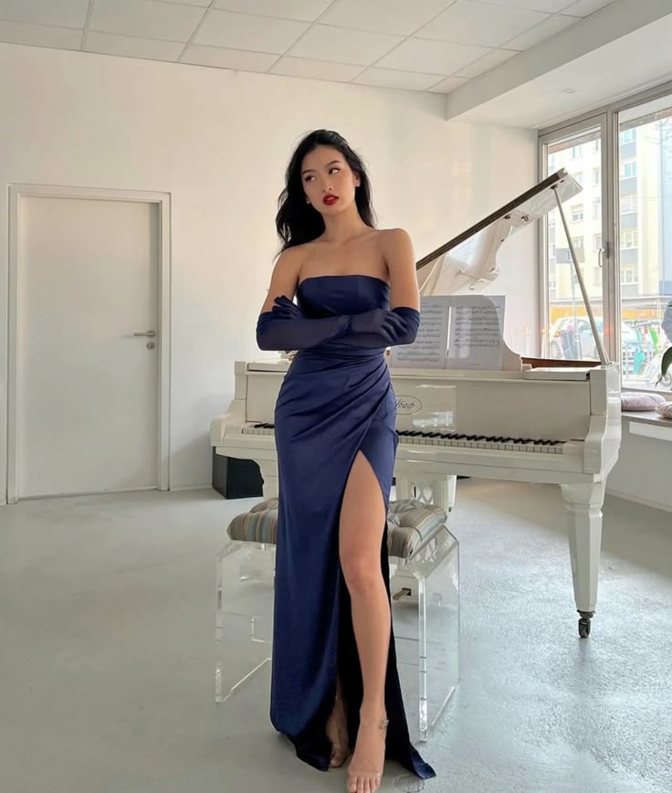 Pretty Mermaid Strapless Navy Blue Slit Evening Party Dresses Formal Summer Wedding Guest Dresses With Gloves Wedding Guest Outfits DP2151
