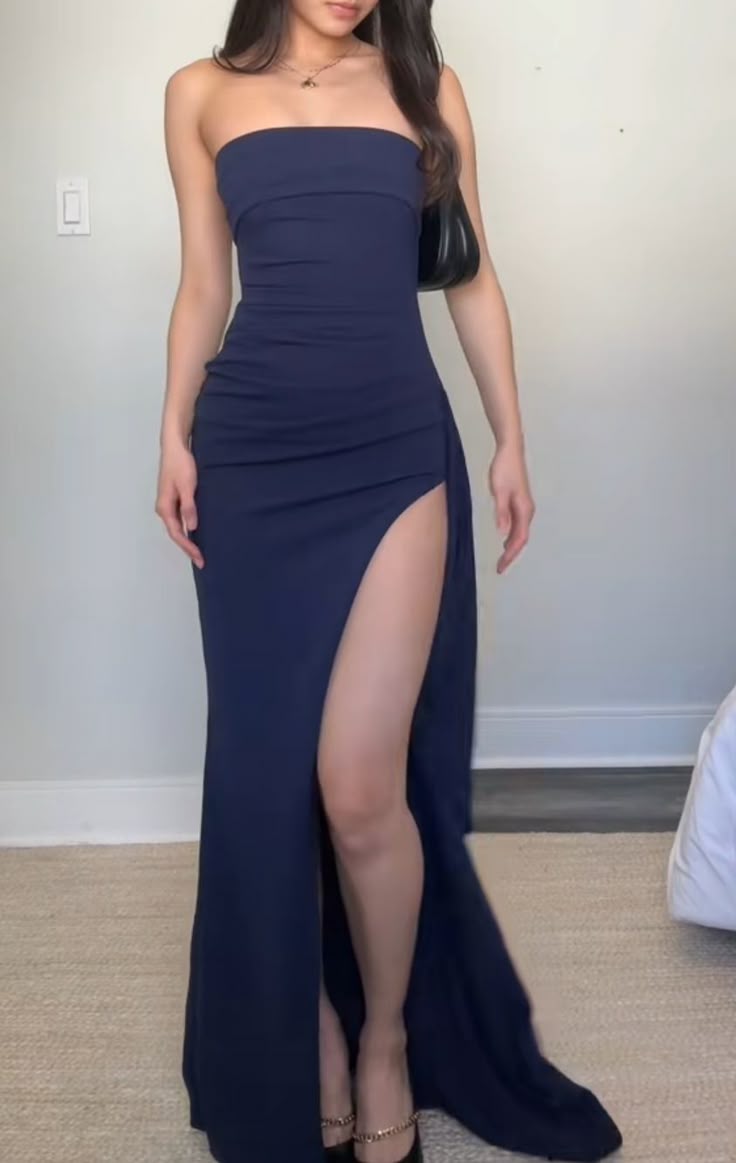 Pretty Mermaid Strapless Navy Blue Slit Evening Dresses Formal Summer Wedding Guest Dresses Wedding Guest Outfits DP2152