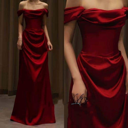 Elegant Mermaid Off The Shoulder Burgundy Satin Prom Dresses Formal Summer Wedding Guest Dresses Wedding Guest Outfits DP2155