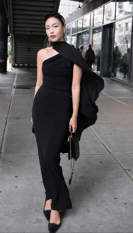 Simple Sheath One Shoulder Black Prom Dresses Formal Summer Wedding Guest Dresses Wedding Guest Outfits DP2175
