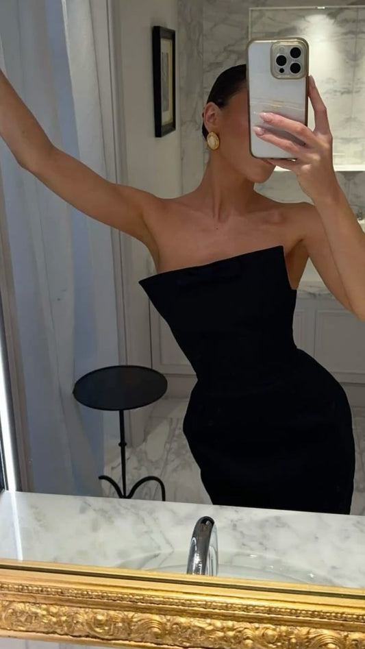 Simple Sheath Strapless Black Prom Dresses Formal Summer Wedding Guest Dresses Wedding Guest Outfits DP2176