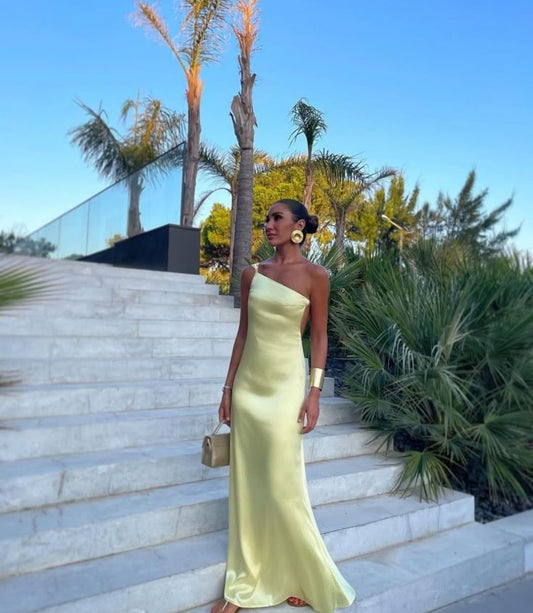 Simple Sheath One Shoulder Backless Yellow Prom Dresses Formal Summer Wedding Guest Dresses Wedding Guest Outfits DP2178