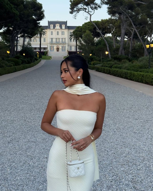 Pretty Sheath Strapless White Night Dinner Evening Dresses Formal Summer Wedding Guest Dresses With Scarf Wedding Guest Outfits DP2192