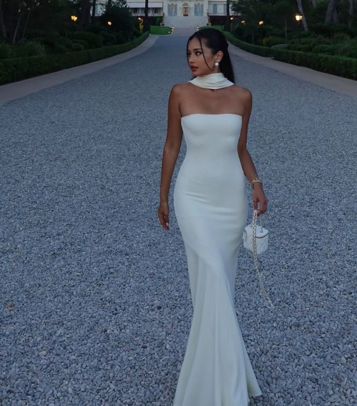 Pretty Sheath Strapless White Night Dinner Evening Dresses Formal Summer Wedding Guest Dresses With Scarf Wedding Guest Outfits DP2192