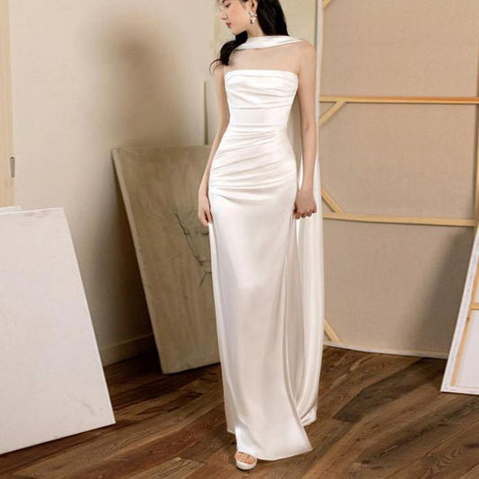 Pretty Sheath Strapless White Night Dinner Evening Dresses Formal Summer Wedding Guest Dresses With Scarf Wedding Guest Outfits DP2196