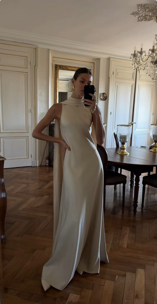 Simple A Line Scoop Champagne Night Dinner Evening Dresses Formal Summer Wedding Guest Dresses With Scarf Wedding Guest Outfits DP2198