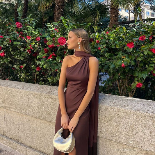 Simple A line One Shoulder Brown Prom Dresses Formal Summer Wedding Guest Dresses Wedding Guest Outfits DP2199