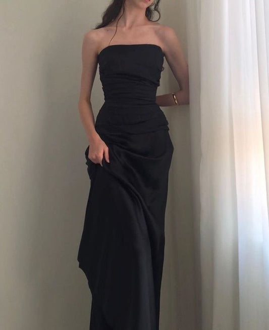 Simple Sheath Strapless Sleeveless Black Satin Prom Dresses Formal Summer Wedding Guest Dresses Wedding Guest Outfits DP2206