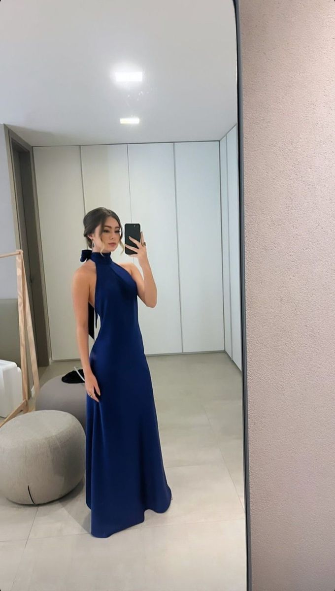 Sexy A line High Neck Royal Blue Satin Prom Dresses Formal Summer Wedding Guest Dress Wedding Guest Outfits DP2223