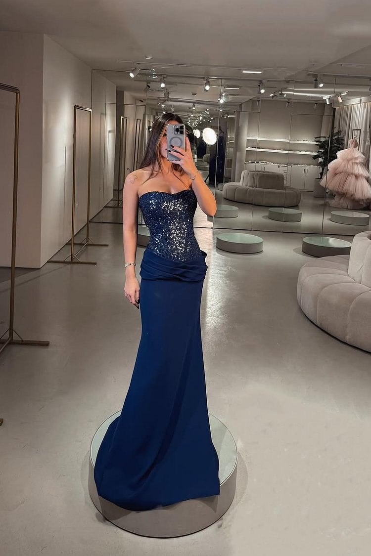 Robe de bal élégante sirène bleu marine à paillettes, tenue d'été formelle pour invités de mariage, DP2239