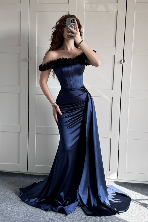 Robe de bal sirène sexy en satin bleu marine à épaules dénudées, tenue d'invitée de mariage d'été formelle, DP2240