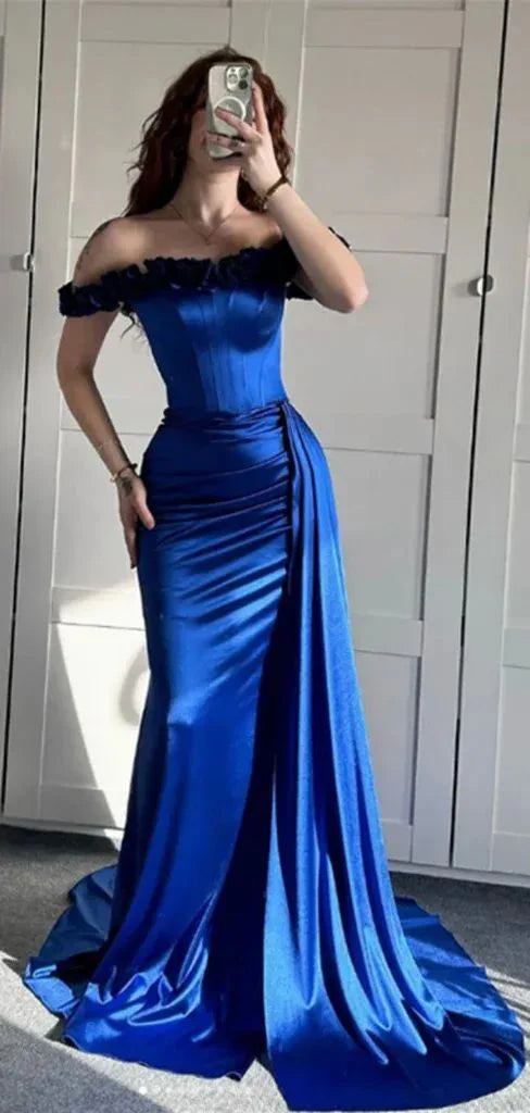 Robe de bal sirène sexy à épaules dénudées en satin bleu roi, tenue d'invitée de mariage d'été formelle, DP2247