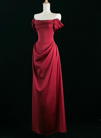 Elegant A line Off The Shoulder Burgundy Satin Prom Dresses Formal Summer Wedding Guest Dresses Wedding Guest Outfits DP2248