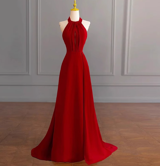 Klassisches A-Linie Neckholder Ärmelloses Satin Ballkleid Rot Sommer Hochzeitsgastkleider Hochzeitsgast-Outfits DP2252