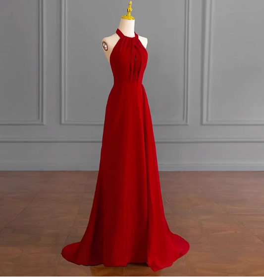 Klassisches A-Linie Neckholder Ärmelloses Satin Ballkleid Rot Sommer Hochzeitsgastkleider Hochzeitsgast-Outfits DP2252