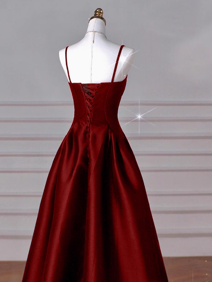 Classy A line Spaghetti Straps Sleeveless Satin Prom Dresses Red Summer Wedding Guest Dresses Wedding Guest Outfits DP2255