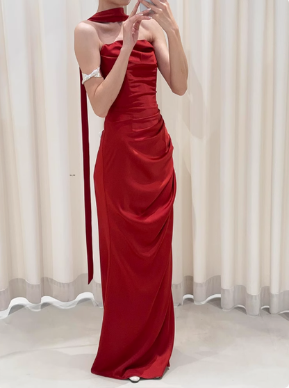 Hübsches Etuikleid, trägerlos, Burgunderrot, Satin, Ballkleid, formelle Sommerkleider für Hochzeitsgäste, Outfits für Hochzeitsgäste mit Schal, DP2258