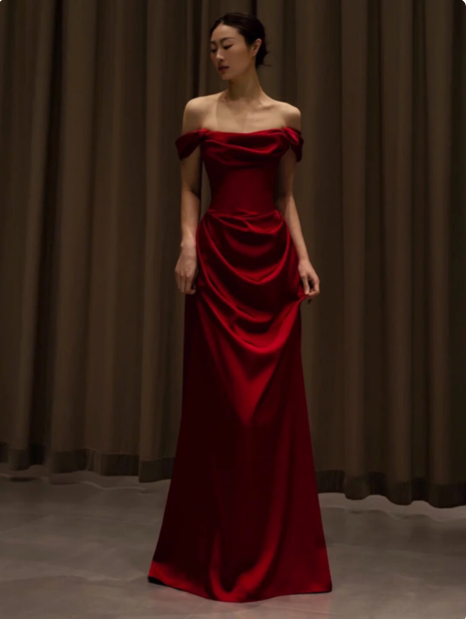 Elegante Meerjungfrau Off The Shoulder Burgund Satin Ballkleider Formale Sommer Hochzeitsgastkleider Hochzeitsgast-Outfits DP2155