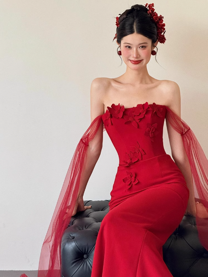 Hübsche Meerjungfrau trägerlose Burgunder Ballkleider Formale Sommer Hochzeitsgastkleider Hochzeitsgast-Outfits DP2263