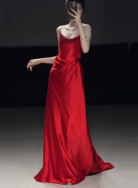 Superbe robe fourreau bustier en satin rouge pour bal de promo, tenue d'invitée de mariage d'été, DP2279