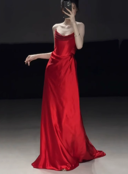 Superbe robe fourreau bustier en satin rouge pour bal de promo, tenue d'invitée de mariage d'été, DP2279