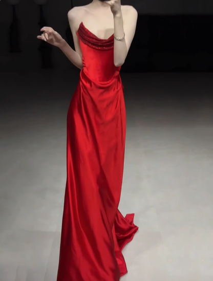 Superbe robe fourreau bustier en satin rouge pour bal de promo, tenue d'invitée de mariage d'été, DP2279