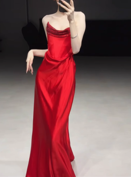 Superbe robe fourreau bustier en satin rouge pour bal de promo, tenue d'invitée de mariage d'été, DP2279
