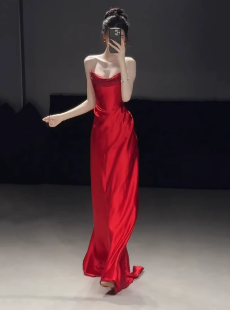 Superbe robe fourreau bustier en satin rouge pour bal de promo, tenue d'invitée de mariage d'été, DP2279