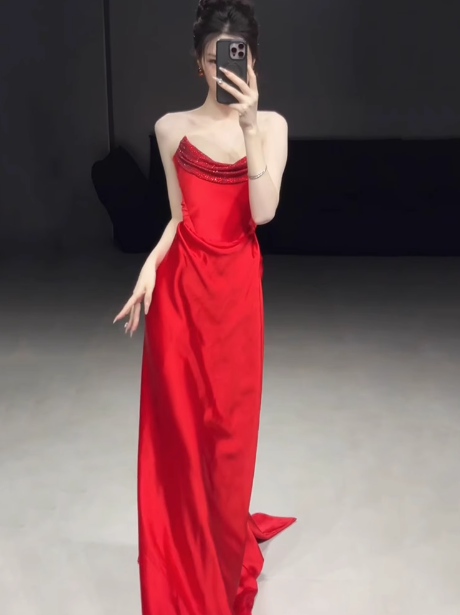 Superbe robe fourreau bustier en satin rouge pour bal de promo, tenue d'invitée de mariage d'été, DP2279