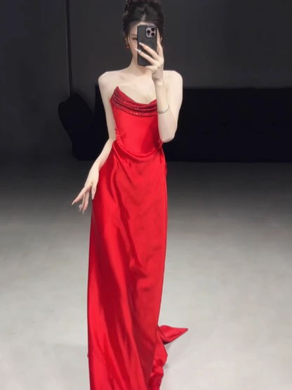 Superbe robe fourreau bustier en satin rouge pour bal de promo, tenue d'invitée de mariage d'été, DP2279