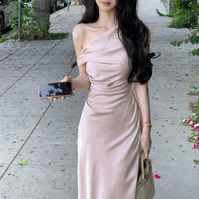 Robe de bal sexy fourreau asymétrique en satin rose, tenue d'invitée de mariage d'été formelle, DP2282