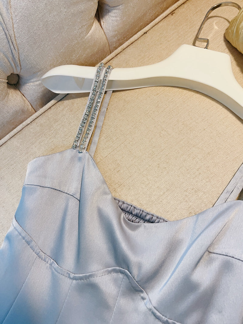 Classy A line Straps Dusty Blue Satin Prom Dresses Formal Summer Wedding Guest Dresses Wedding Guest Outfit DP2285
