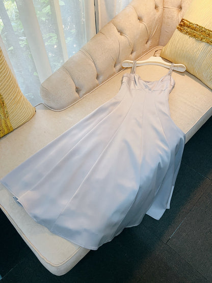Classy A line Straps Dusty Blue Satin Prom Dresses Formal Summer Wedding Guest Dresses Wedding Guest Outfit DP2285