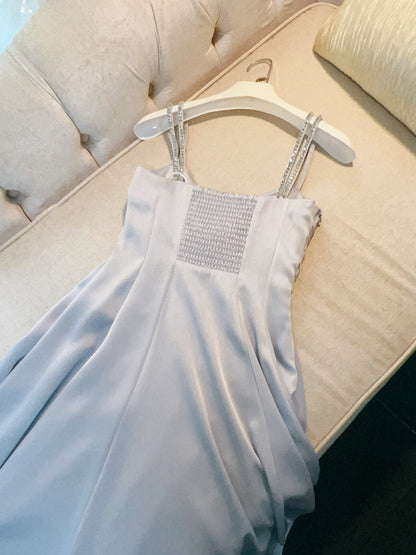 Classy A line Straps Dusty Blue Satin Prom Dresses Formal Summer Wedding Guest Dresses Wedding Guest Outfit DP2285