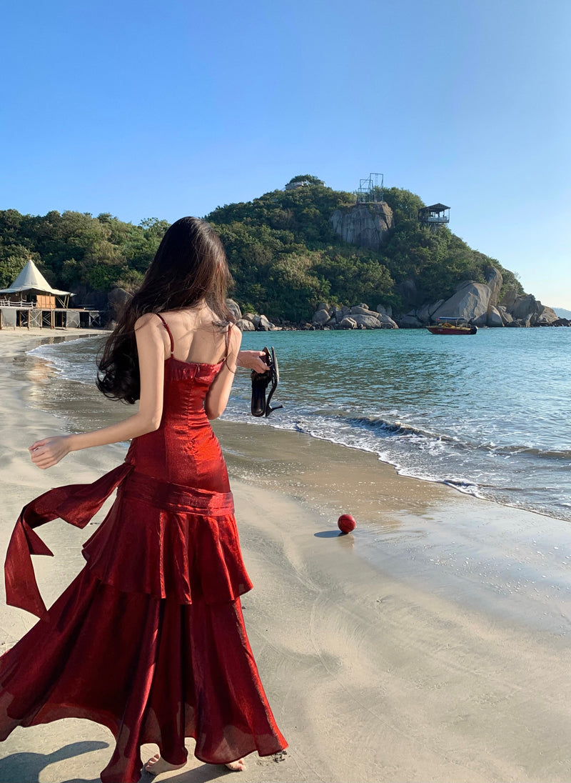 Modest Mermaid Spaghetti Straps Sleeveless Maroon Red Long Prom Gown Prom Dresses DP237