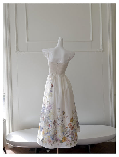 Elegant A line Spaghetti Straps Floral White Prom Dresses Formal Summer Wedding Guest Dresses Wedding Guest Outfit DP2296