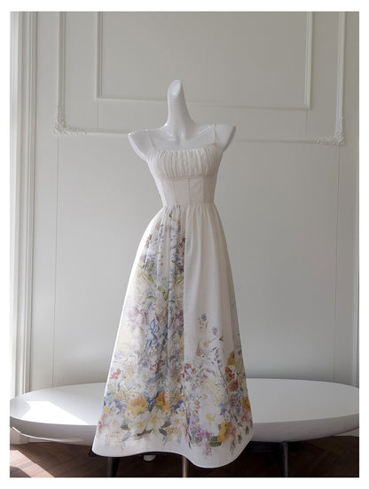 Elegant A line Spaghetti Straps Floral White Prom Dresses Formal Summer Wedding Guest Dresses Wedding Guest Outfit DP2296