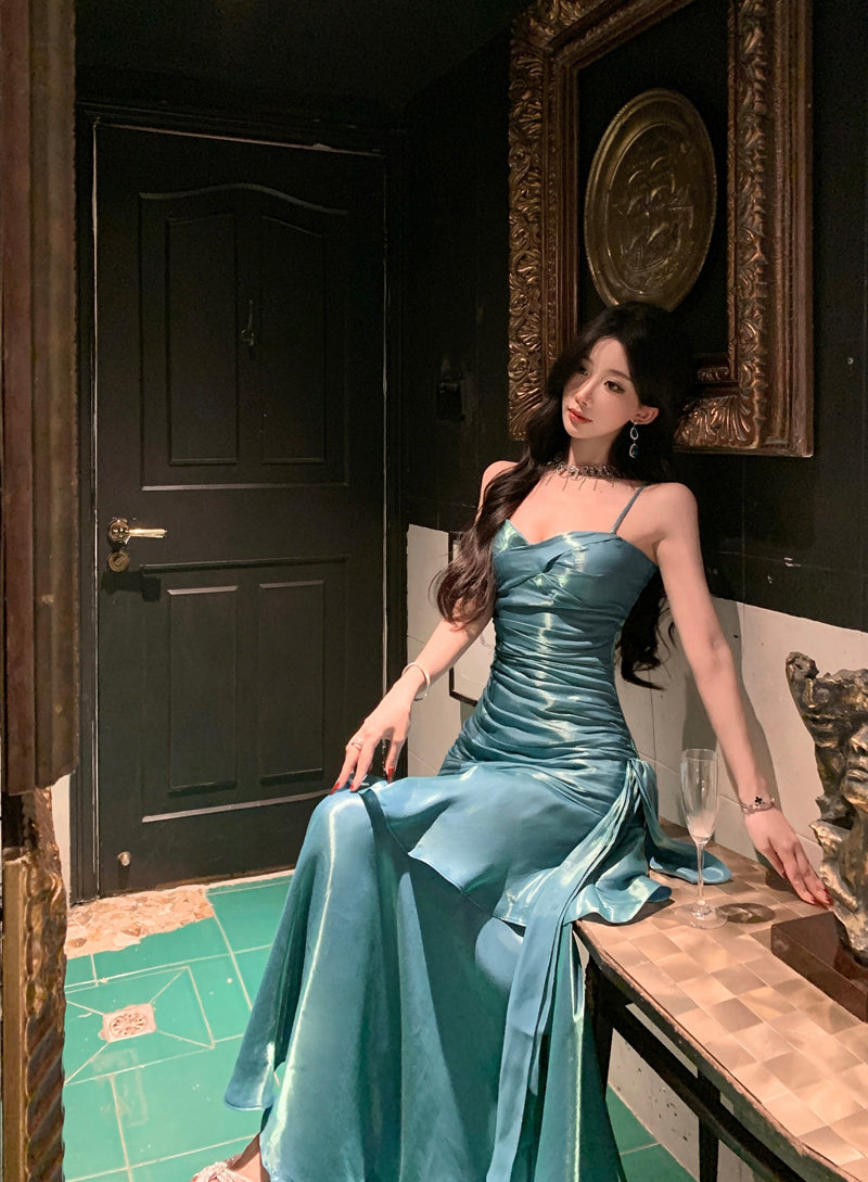 Pretty Mermaid Spaghetti Straps Sleeveless Blue Prom Gown Long Evening Dress Prom Dresses DP229