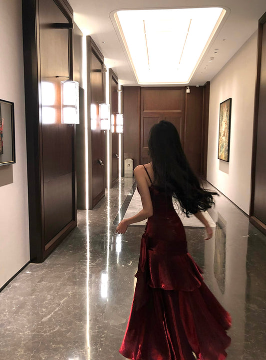 Elegant Mermaid Spaghetti Straps Sleeveless Wine Red Long Evening Dress Prom Dresses DP230
