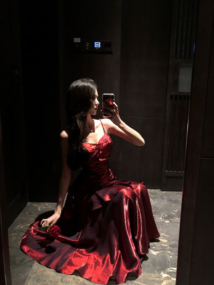 Elegant Mermaid Spaghetti Straps Sleeveless Wine Red Long Evening Dress Prom Dresses DP230