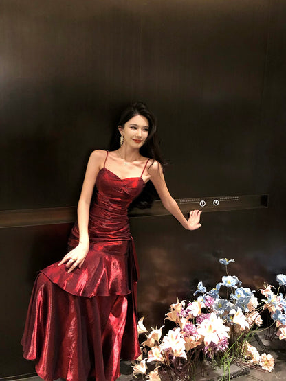 Elegant Mermaid Spaghetti Straps Sleeveless Wine Red Long Evening Dress Prom Dresses DP230