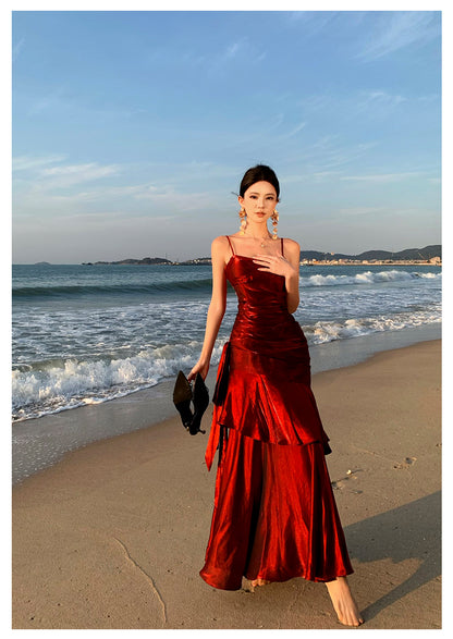 Modest Mermaid Spaghetti Straps Sleeveless Maroon Red Long Evening Dress Prom Dresses DP233